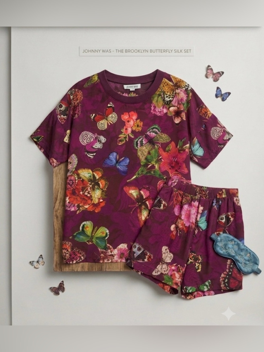 Johnny Was Berry Purple Butterfly & Floral Silk Pajama Set